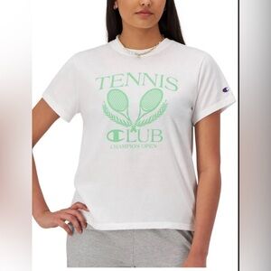 Champion White Tee with Green Tennis Graphic